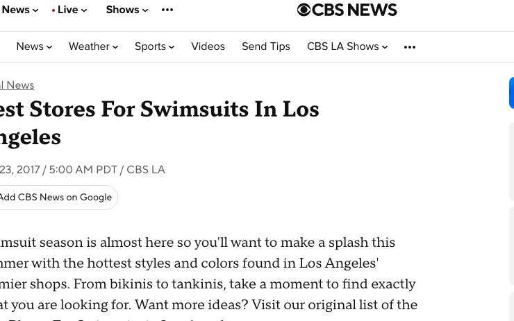 CBS Los Angeles article, Best Stores For Swimsuits In Los Angeles, July 2017